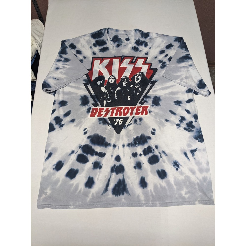KISS Destroyer 76 Tie Dye Graphic T-Shirt Mens Blue White Short Sleeve XL